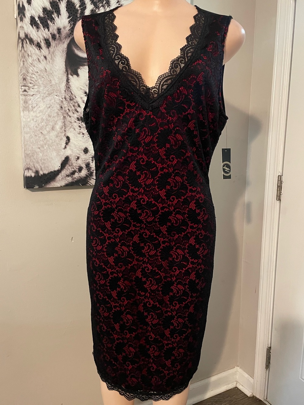 Lace overlay sheath dress gothic inspired red slip lining scalloped lace sheer L